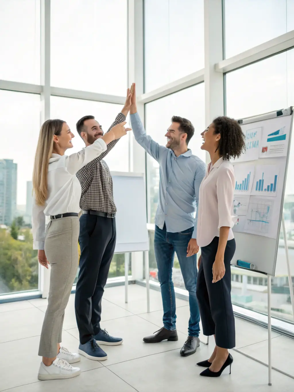 A digital marketing agency team celebrating a successful campaign launch with data dashboards showing significant lead generation and ROI increase.